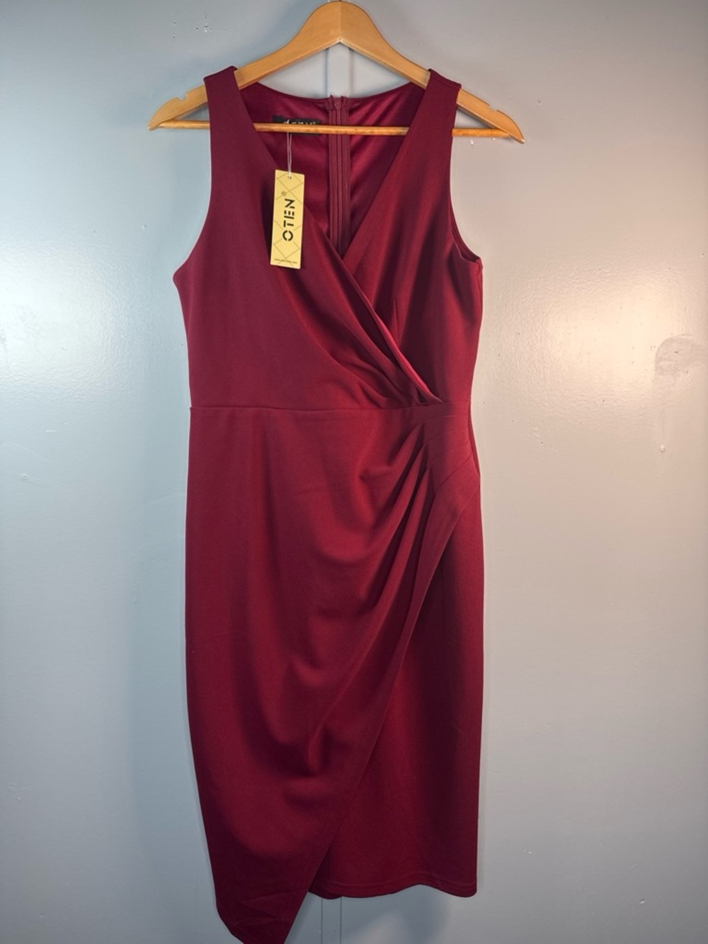 Sleeveless Faux-Wrap Midi Dress in Burgundy